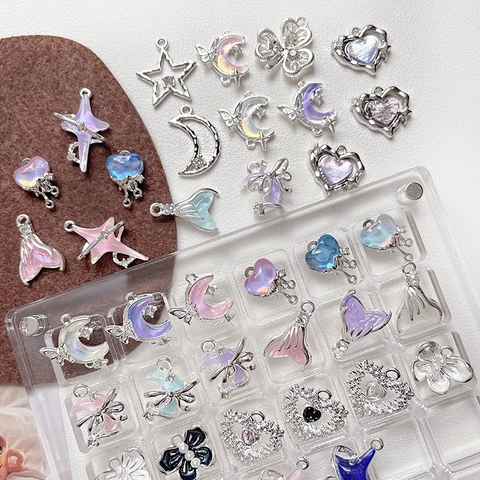 DIY Schmuckherstellung Legierung Strass Anhänger Herz Stern Mond Kleeblatt Formen Pink Violett Silber Charms Für Damen Zubehör