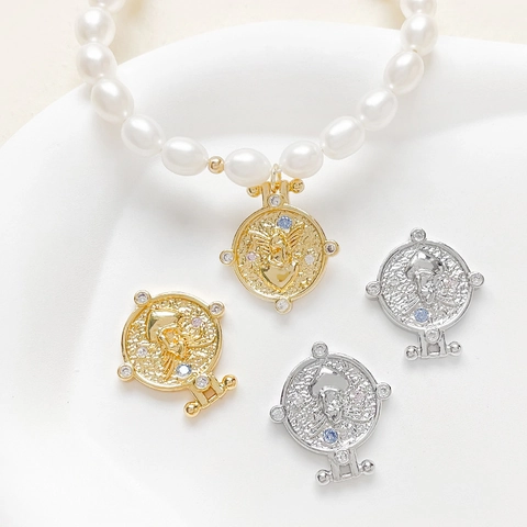 Vintage 18K Gold Plated Copper Zirconia Round Coin Pendant DIY Necklace Bracelet Making Angel Scorpio Octopus Charms