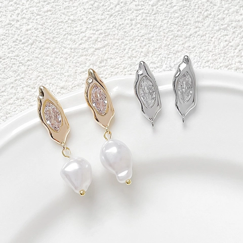 18K Gold Plated Copper Marquise Zirconia Stud Earring Finding With 925 Sterling Silver Earring Post Irregular Baroque DIY Accessory