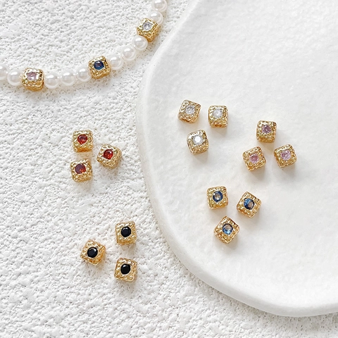 Vintage 18K Gold Plated Copper Colorful Zirconia Inlaid Cube Spacer Beads DIY Handmade Jewelry Making Findings For Women