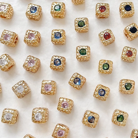 Vintage 18K Gold Plated Copper Colorful Zirconia Inlaid Cube Spacer Beads DIY Handmade Jewelry Making Findings For Women