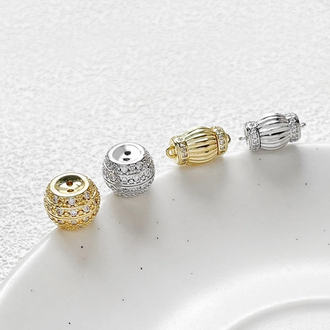 18K Gold Plated Copper Zirconia Screw Connector Clasp Ball Lantern Shape DIY Necklace Bracelet Artificial Pearl Jewelry Making Finding