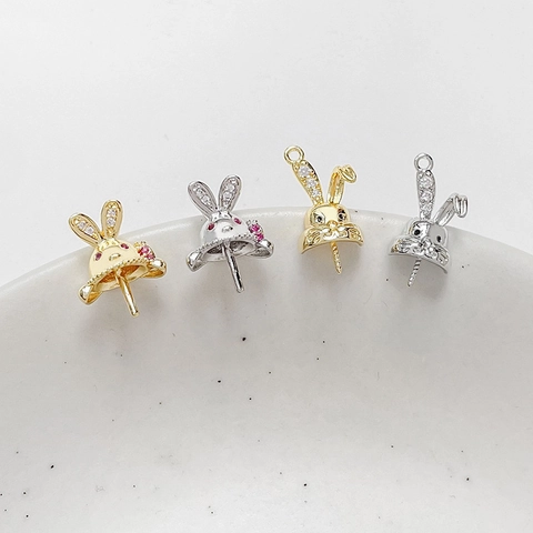 Copper Gold Plated Zirconia Rabbit Hat Pendant DIY Artificial Baroque Pearl Inlay Jewelry Making Accessories Bunny Charm Base