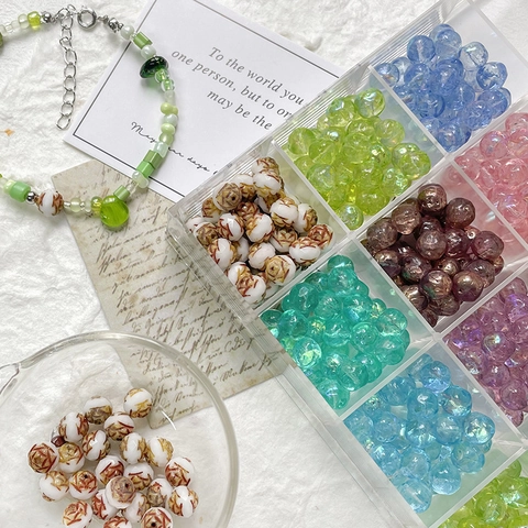 Czech Glass Beads For Jewelry Making Rose Flower Pattern Aurora Coating Crackle Round Loose Spacer Beads DIY Craft Accessory