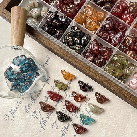 Vintage Bird Shaped Glass Beads Gold Etched Animal Loose Beads For DIY Necklace Bracelet Making Handmade Jewelry Accessories