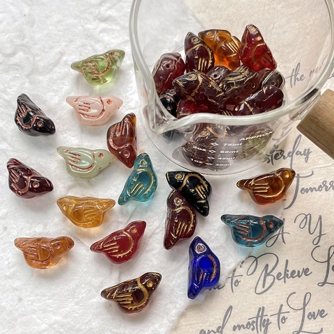 Vintage Bird Shaped Glass Beads Gold Etched Animal Loose Beads For DIY Necklace Bracelet Making Handmade Jewelry Accessories