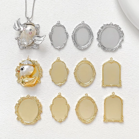 18K Gold Plated Copper Baroque Photo Frame Pendant Base For DIY Necklace Jewelry Making Vintage Embossed Empty Tray Findings