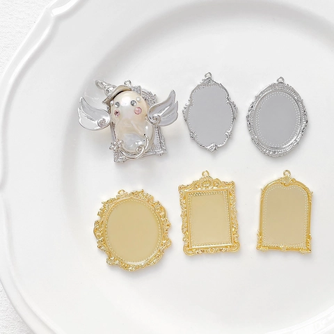 18K Gold Plated Copper Baroque Photo Frame Pendant Base For DIY Necklace Jewelry Making Vintage Embossed Empty Tray Findings