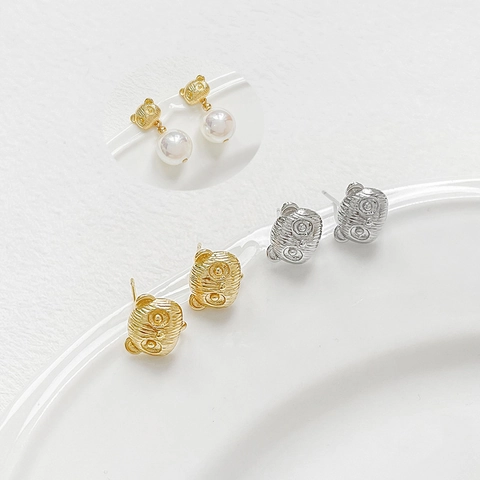 Pendientes de Botón de Panda Lindo de Cobre Bañado en Oro 18K Plata con Textura de Metal Cepillado para Mujer Joyería DIY
