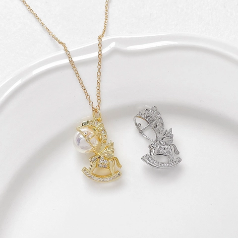 Gold Plated Copper Zircon Rocking Horse Pendant For DIY Jewelry Making Pegasus Wings With Imitation Artificial Pearl Handmade Accessory