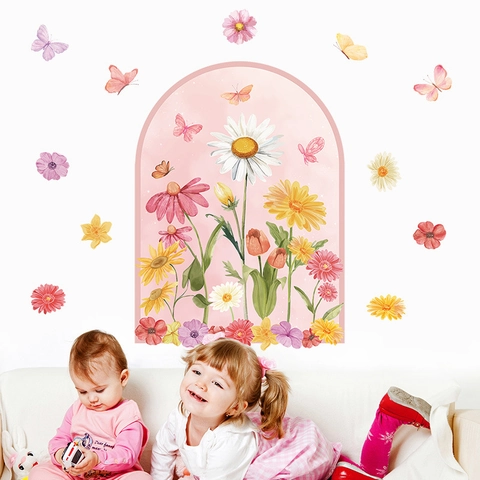 Bohemian Bogen Wandaufkleber Blumen Schmetterling PVC Selbstklebend Aquarell Blume Dekor Für Wohnzimmer Kinderzimmer