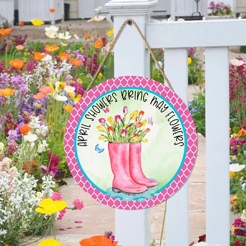 Round Wooden Spring Welcome Door Sign Pastoral Floral Hummingbird Rain Boots Wall Hanging Decor For Home Garden Porch