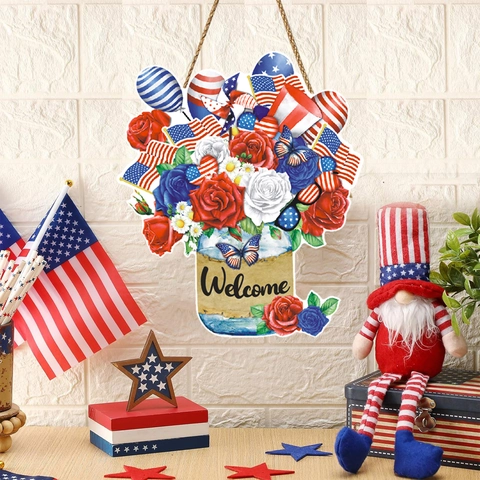 American Independence Day Welcome Wooden Door Hanging Sign USA Flag Patriotic Gnome Flower Decor For Porch Front Door Wall