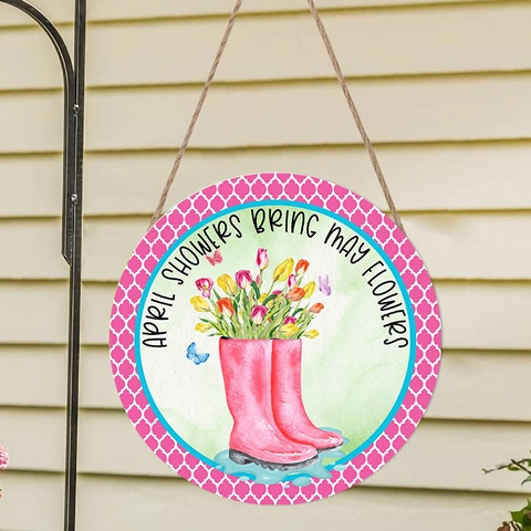 Round Wooden Spring Welcome Door Sign Pastoral Floral Hummingbird Rain Boots Wall Hanging Decor For Home Garden Porch