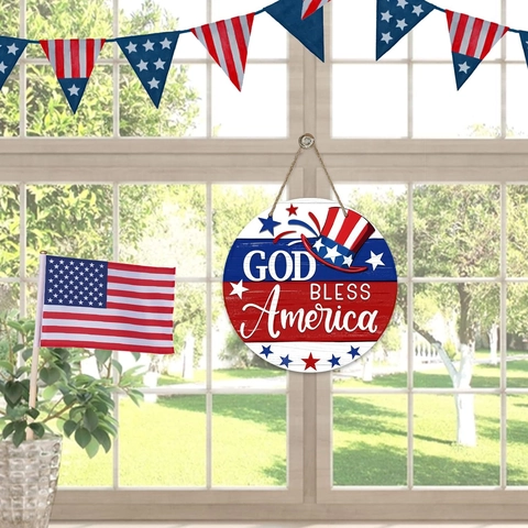American Independence Day Welcome Wooden Door Hanging Sign USA Flag Patriotic Gnome Flower Decor For Porch Front Door Wall