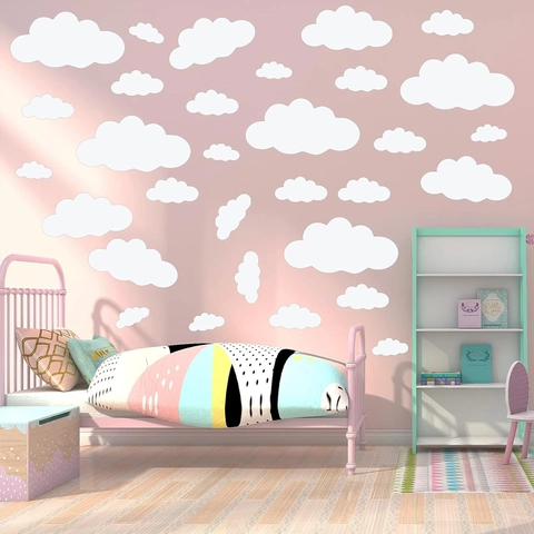 Stickers Muraux Nuages Blancs Amovibles Style Bohémien Dessin Animé Auto-adhésif PVC pour Chambre d'Enfant Garderie Décoration Murale