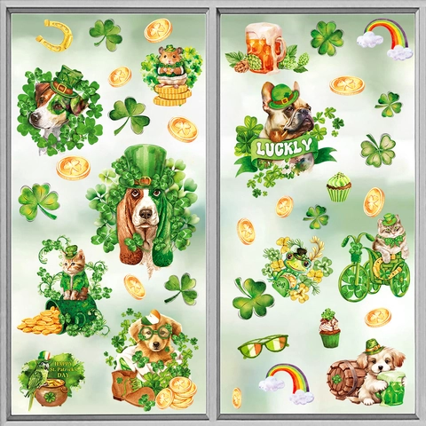 Adesivi per Finestre per San Patrizio in PVC Trifoglio Verde Animali Cane Gatto Decalcomanie Decorative per Vetro Casa Festa