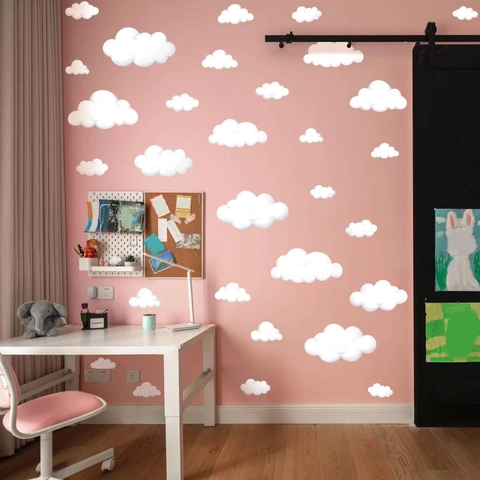 Stickers Muraux Nuages Blancs Amovibles Style Bohémien Dessin Animé Auto-adhésif PVC pour Chambre d'Enfant Garderie Décoration Murale
