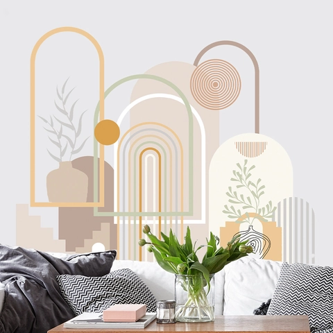 Pegatina de Pared Geométrica Abstracta Bohemia PVC Autoadhesiva Arco Floral Arte Mural Color Morandi Decoración Sala
