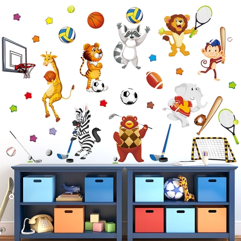 Vinilos de Pared de Animales Deportivos de Dibujos Animados Para Habitación Infantil PVC Jirafa Fútbol Decoración Pared
