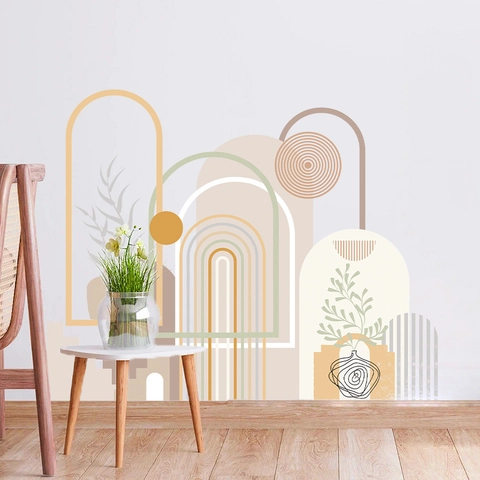Pegatina de Pared Geométrica Abstracta Bohemia PVC Autoadhesiva Arco Floral Arte Mural Color Morandi Decoración Sala
