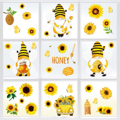 Honey Bee Festival Window Stickers Sunflower Gnomes PVC Wall Decals For Kids Room Bedroom Home Decor Self Adhesive Wall Stickers