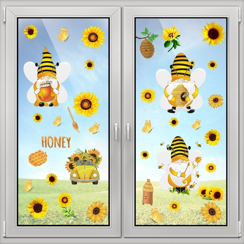 Honey Bee Festival Window Stickers Sunflower Gnomes PVC Wall Decals For Kids Room Bedroom Home Decor Self Adhesive Wall Stickers