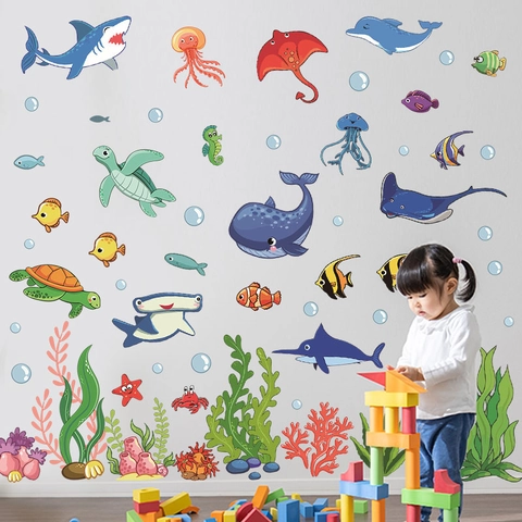 Cartoon Ocean Animal Wall Stickers PVC Waterproof Watercolor Sea Turtle Whale Jellyfish Decals For Kids Room Nursery Decor