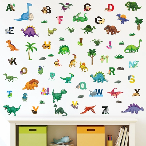 Stickers Muraux Alphabet Dinosaure Aquarelle Pour Chambre D'enfant Lettres Dessin Animé En PVC Auto-Adhésif Décoration