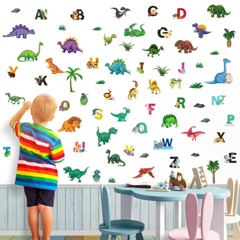 Stickers Muraux Alphabet Dinosaure Aquarelle Pour Chambre D'enfant Lettres Dessin Animé En PVC Auto-Adhésif Décoration