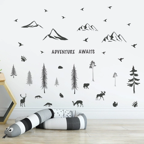 Vinilos de Pared Aventura en el Bosque Nórdico PVC Siluetas de Animales de Montaña Pino Calcomanías Adventure Awaits para Cuarto Niños