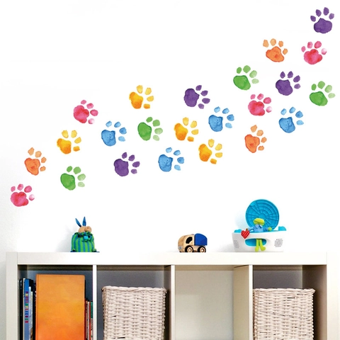Watercolor Dog Paw Print Wall Stickers Bohemian Style Colorful Footprint PVC Decals For Kids Room Kindergarten Nursery Decor