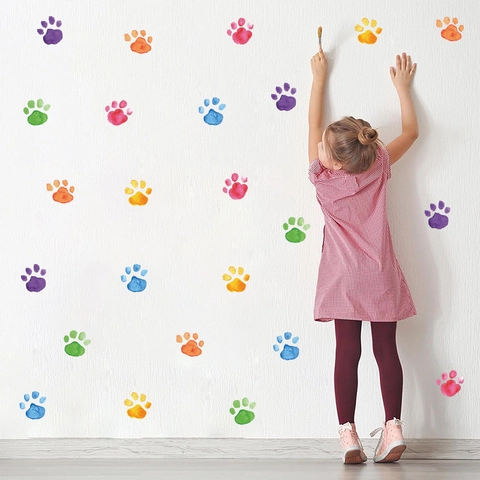 Watercolor Dog Paw Print Wall Stickers Bohemian Style Colorful Footprint PVC Decals For Kids Room Kindergarten Nursery Decor