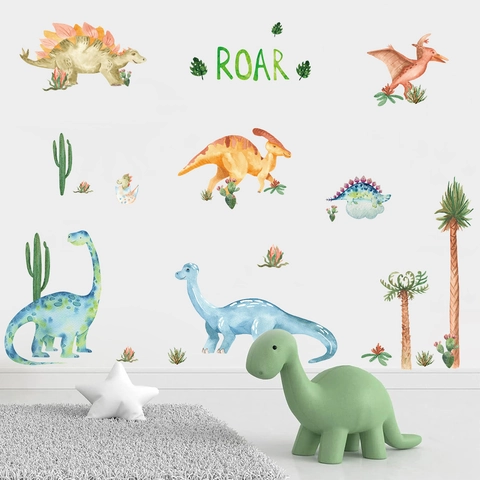 Aquarel Dinosaurus Muurstickers Voor Kinderkamer Decoratie PVC Verwijderbare Cartoon Dier Cactus Decal Muurschildering Slaapkamer