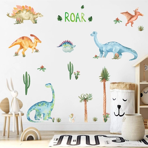 Aquarel Dinosaurus Muurstickers Voor Kinderkamer Decoratie PVC Verwijderbare Cartoon Dier Cactus Decal Muurschildering Slaapkamer