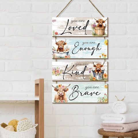 Pastoral Highland Cow Wooden Wall Decor Flower Pattern Inspirational Quotes Hanging Sign For Home Bathroom Decoration