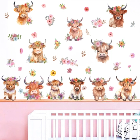 Watercolor Highland Cow Flower Crown Wall Stickers PVC Waterproof Animal Floral Nursery Room Decor DIY Wall Decals
