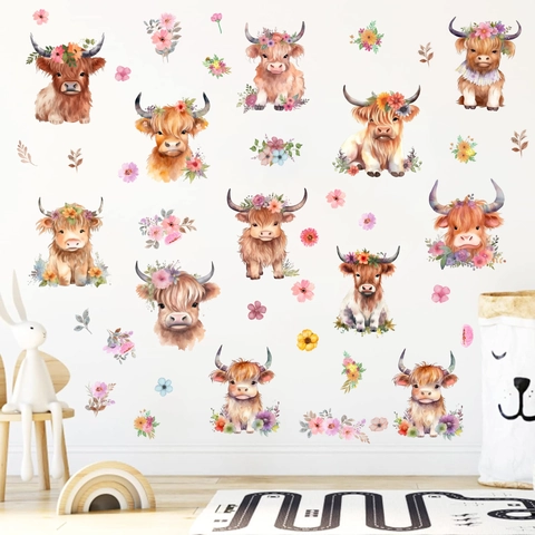Watercolor Highland Cow Flower Crown Wall Stickers PVC Waterproof Animal Floral Nursery Room Decor DIY Wall Decals