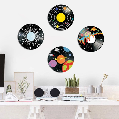 Decorazione da Parete in Legno Stile Disco in Vinile Vintage Americano Tema Spazio Galassia Decorazione Rotonda da Appendere per Soggiorno Bar Cafe