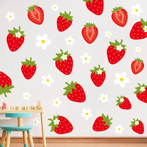 Adesivo da Parete Creativo Fragola Frutta PVC Impermeabile Removibile DIY Floreale Decalcomania per Cameretta Bambini Casa