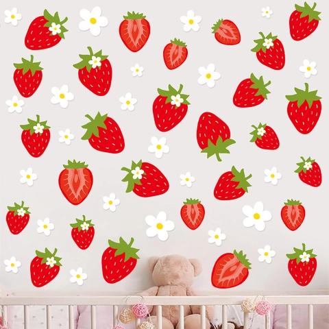 Adesivo da Parete Creativo Fragola Frutta PVC Impermeabile Removibile DIY Floreale Decalcomania per Cameretta Bambini Casa