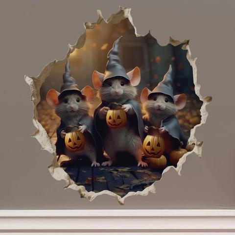 3D Adesivo da Parete a Buco di Topo Halloween Natale Cartone Animato Topo Decalcomania Rimovibile PVC Impermeabile Decorazione Casa