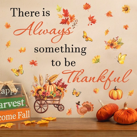 Adesivo da Parete del Ringraziamento Foglia di Acero Autunnale Zucca Tacchino Decalcomania Finestra Adesivo in PVC Decorativo per Soggiorno