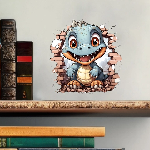 3D Gebroken Muur Cartoon Draak Muursticker Creatieve Dinosauriër PVC Zelfklevende Sticker Voor Kinderkamer Slaapkamer Woonkamer Decoratie