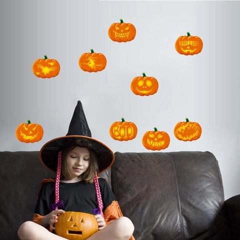 Pegatinas de Pared de Calabaza de Halloween Dibujos Animados PVC Calcomanías de Ventana para Habitación de Niños Dormitorio Decoración de Fiesta Impermeable Naranja Murciélagos Bruja DIY