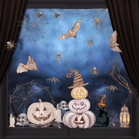 Adesivi per Finestre Halloween in PVC Statico Zucca Ragno Pipistrello Teschio Decorazione Rimovibili Decalcomanie per Vetri Casa Festa
