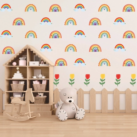 Stickers Muraux Arc-en-Ciel Boho PVC Nuages Coeur Dessin Animé Décalcomanies Murales Pour Chambre d'Enfant Crèche Décoration Murale Imperméable