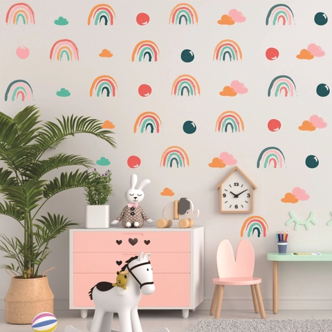 Stickers Muraux Arc-en-Ciel Boho PVC Nuages Coeur Dessin Animé Décalcomanies Murales Pour Chambre d'Enfant Crèche Décoration Murale Imperméable