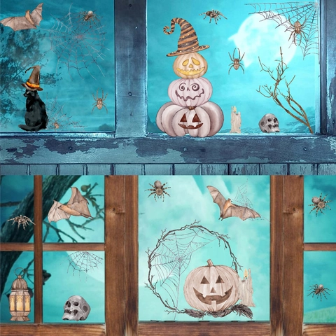 Adesivi per Finestre Halloween in PVC Statico Zucca Ragno Pipistrello Teschio Decorazione Rimovibili Decalcomanie per Vetri Casa Festa