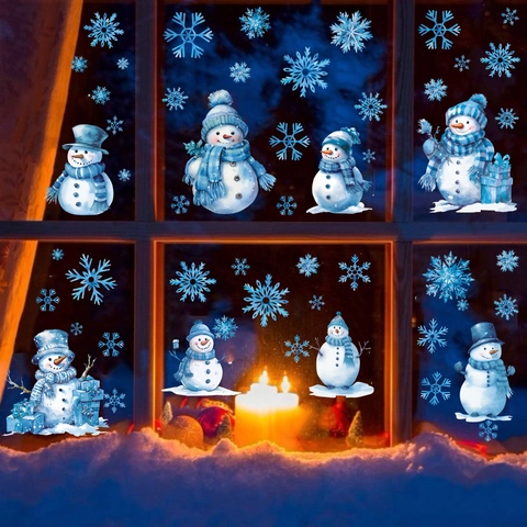 Pegatinas Estáticas para Ventanas de Navidad Dibujos Animados Muñeco de Nieve Copo de Nieve PVC Calcomanías Azul Blanco Decoración